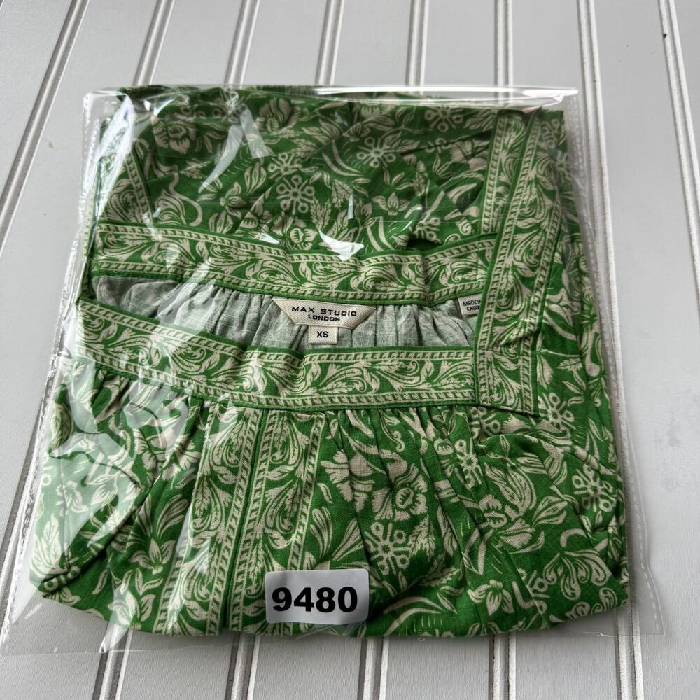Max Studio green and white floral print blouse features balloon sleeves size XS - Picture 10 of 10